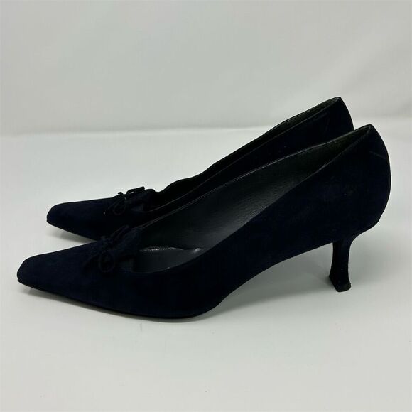 Stuart Weitzman Dark Navy Blue Suede Pumps with Bow Size 11 Square Toe Classic - Picture 7 of 14